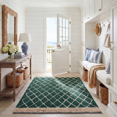 Tapis vert foncé en jute / coton tissé à la main Kedron