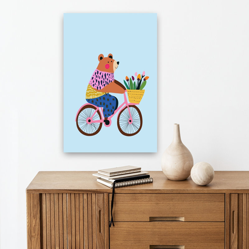 «Happy Bear Bike Ride», impression d'art mural fantaisiste et coloré, H 18 po x l 12 po