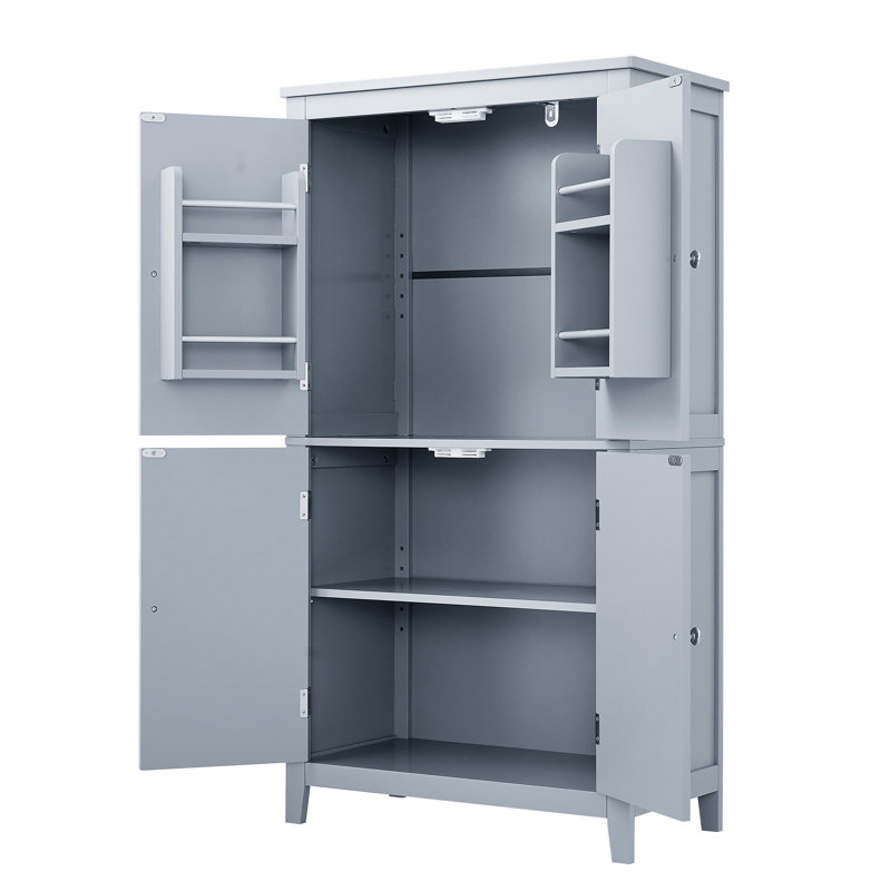 Grey Bathroom Floor Cabinet With 4 Doors, Adjustable Shelves, Metal Hinges, And Stylish Tall Storage Utilize Space Efficiently In
