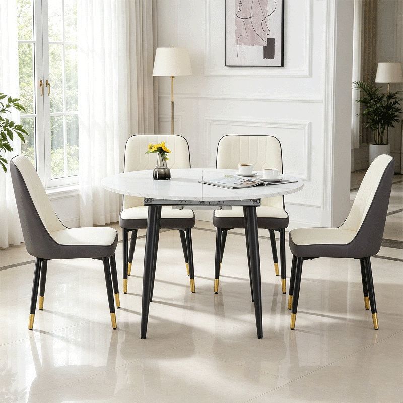 Table de salle à manger Domogne, Ensemble de cinq pièces : table, quatre chaises, Blanc / Gris
