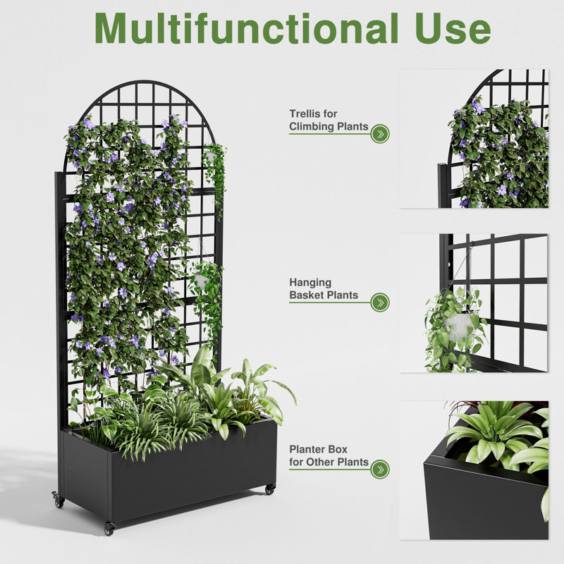73"H×35"W Arch Metal Planter Box with Trellis with Wheels, Black