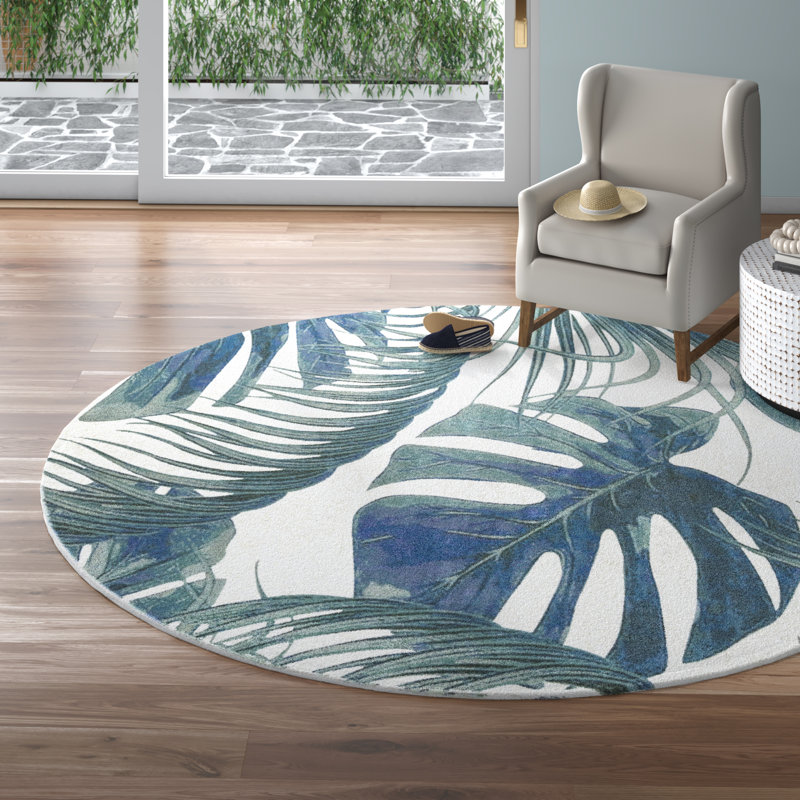 Tapis vert / blanc à motif floral Abira, Rond 10 pi