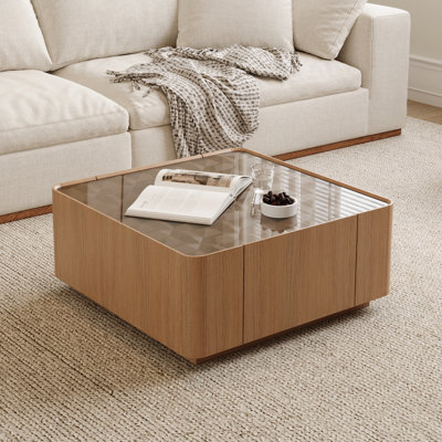 Table basse de 31,5 pouces carrée avec tiroirs de rangement, table basse moderne en bois avec plateau en verre, tables de centre de table de thé pour le bureau de salon, noyer