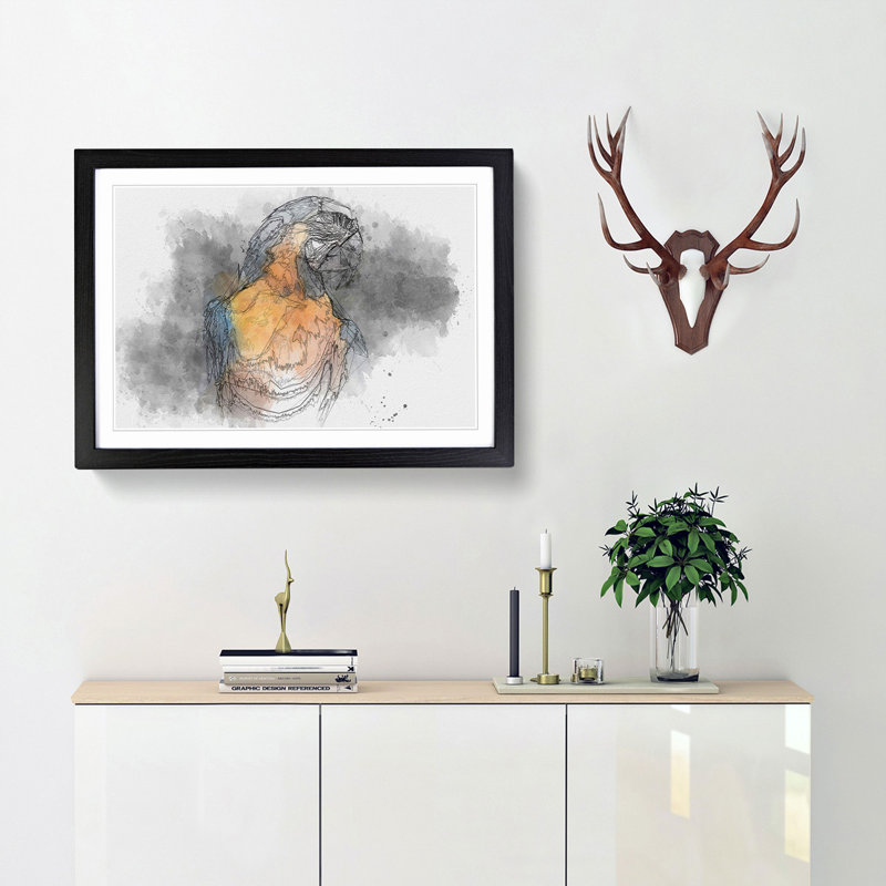 Blue and Yellow Macaw Parrot in Abstract - Picture Frame Drawing Print, 36cm H x 48cm W x 2cm D, Black Framed