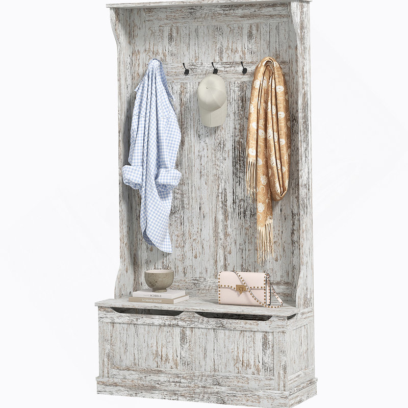 3-In-1 Entryway Hall Tree with Storage Bench, Coat Rack with Five Hooks and Shoe Storage, Distressed White
