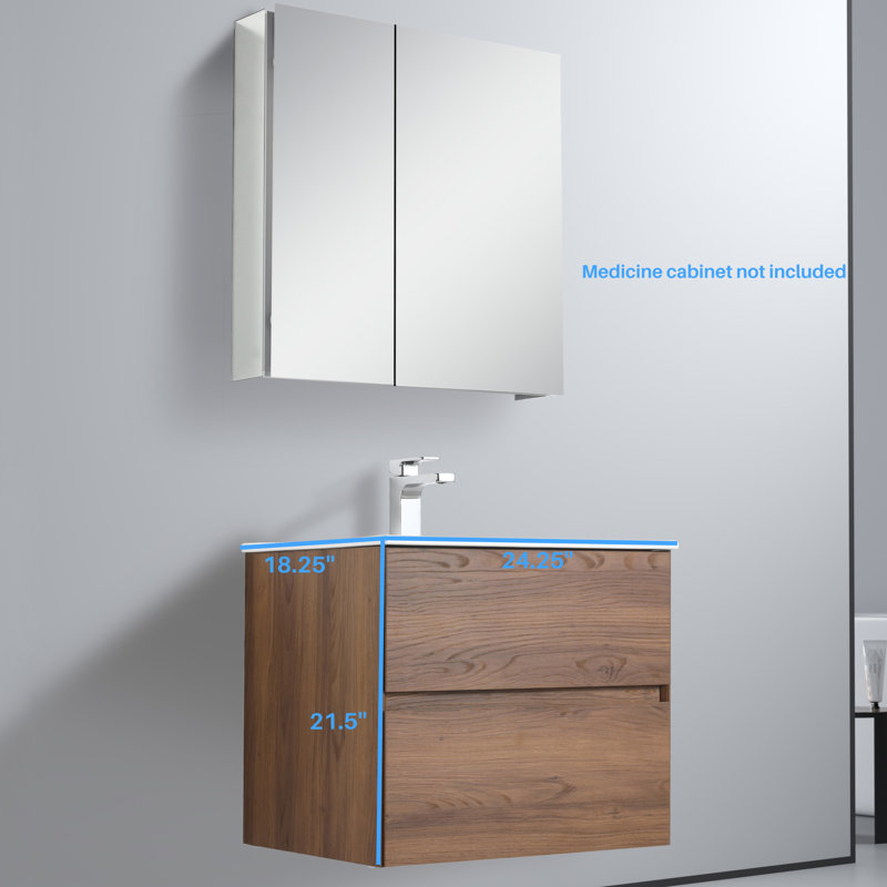 Meuble-lavabo mural 24 po avec lavabo - Armoire murale en bois avec plateau en céramique, tiroirs à fermeture en douceur et meuble-lavabo simple moderne