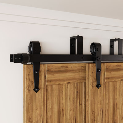 Black Rustic Arrow Design Double Track Bypass Three Barn Door Hardware Kit（Door Not Included）