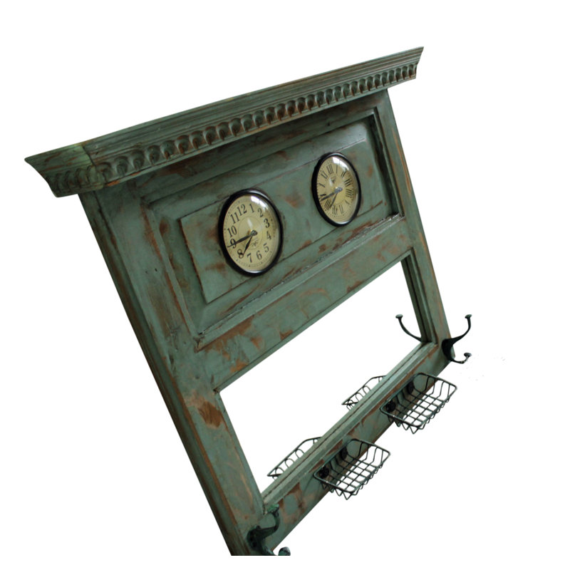 Rustic Dual Dial Blue Wooden Wall Clock with Mirror
