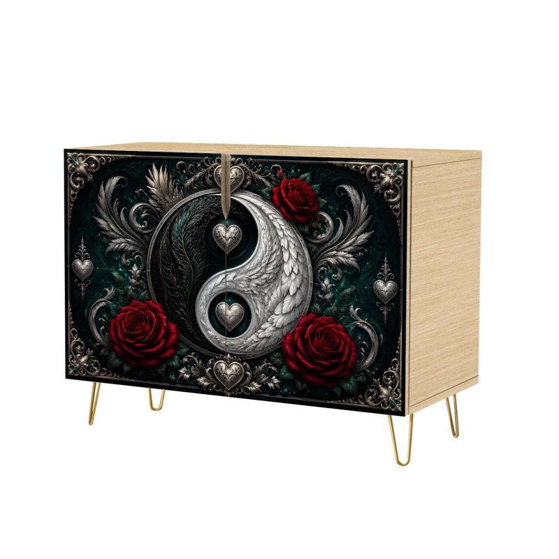 Buffet Buffet avec rangement Yin Yang foncé avec roses rouges et cœurs avec 2 portes pour le salon et la cuisine