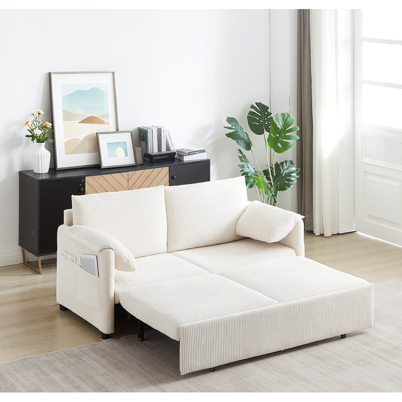 65'' Corduroy Upholstered Sofa, 3-In-1 Adjustable Sleeper Sofa Bed with 2 Pillows and Side Pockets, Beige