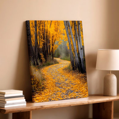 Autumn Forest Path Yellow Leaves Aspen Trees Nature Landscape Decor Canvas Wall Art Print, Yellow Landscape Decorative Artwork For Living Room Bedroom Office, Hallway Gallery Wall Home Decor