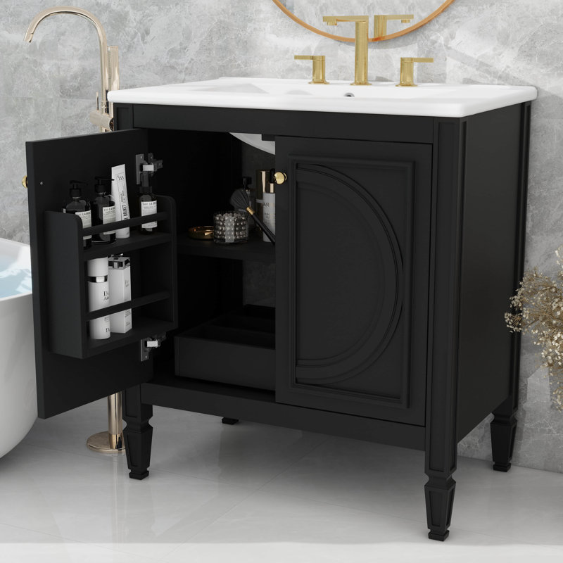 Meuble-lavabo simple 30 "avec lavabo et deux portes avec tablette, Noir