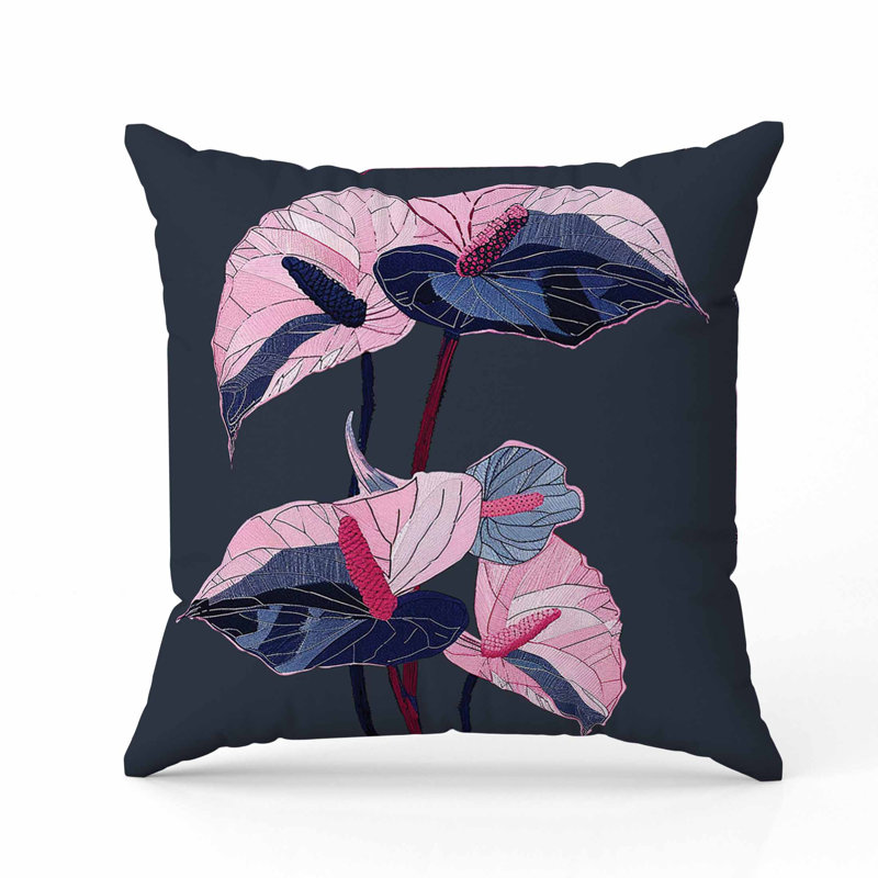 Oreiller en faux suède Anthurium Bloom, Rose / Gris, Carré 16 po