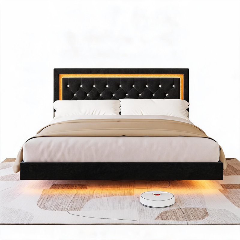Lit plateforme tapissier Boucle, Noir Queen