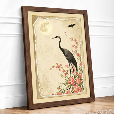 Crane and Blossoms Japandi - Framed Print