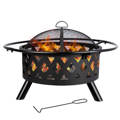 30 In. Indoor And Outdoor Steel Black Round Wood Burning Fire Pit With Spark Screen