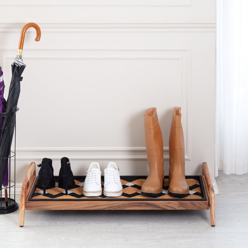 Support à bottes en bois massif de qualité supérieure avec tapis en fibre de coco naturelle - Rangement pour chaussures