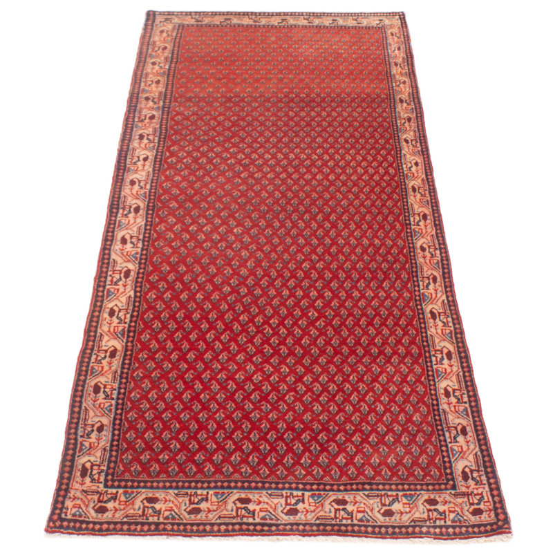 Tapis de couloir rouge unique en laine noué à la main de style années 1990 3 pi 5 po x 9 pi 10 po Desloge