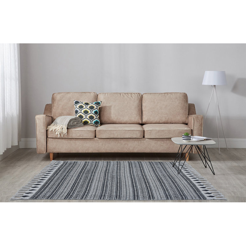 Tapis gris à motif géométrique tissé à plat à la main, Rectangle 5 pi x 8 pi
