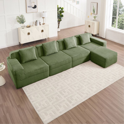 Canapé modulaire modulaire en L à 4 places sans os, canapé modulaire Cloud avec assise profonde, canapé modulaire moderne à 4 places avec coussins décoratifs et 1 repose-pieds mobile, tissu en velours côtelé