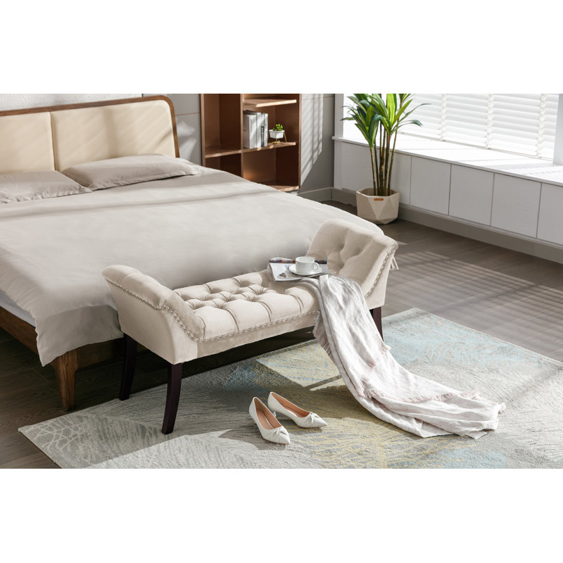 Velvet Upholstered Bench, Beige