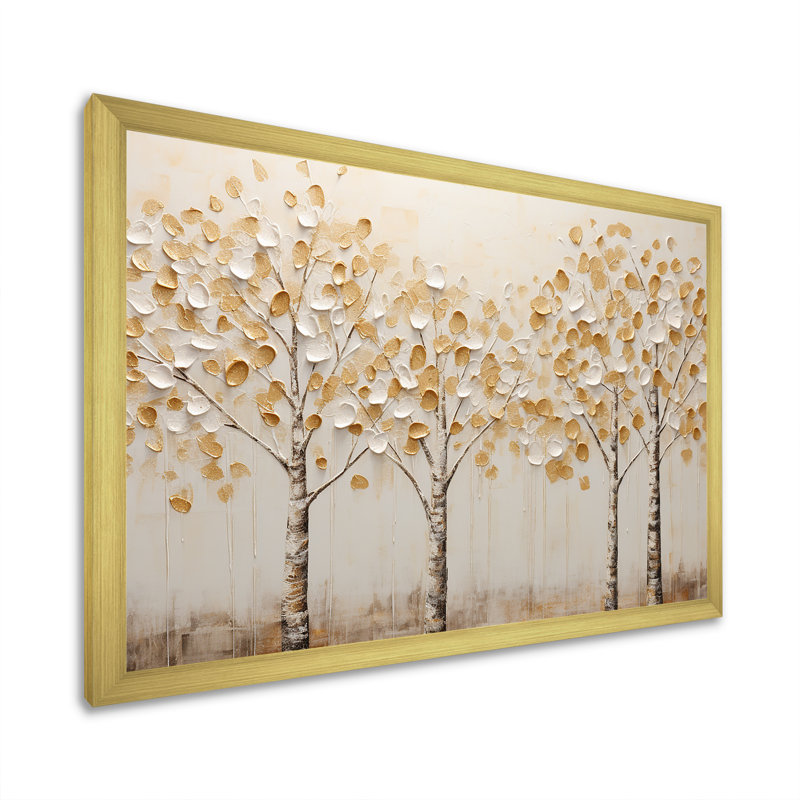 Harmonie d'arbres beiges - art mural arbres, H 16 po x l 32 po x P 1 po, Cadre doré simple