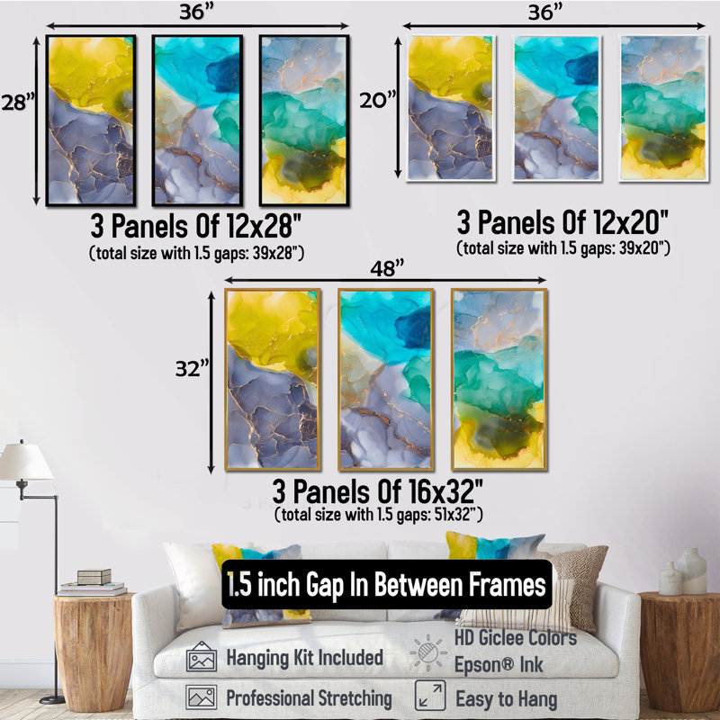 Turquoise et jaune, art abstrait fluide de luxe - 3 pièces, cadre flottant, impression sur toile, H 28 po x l 36 po, Érable
