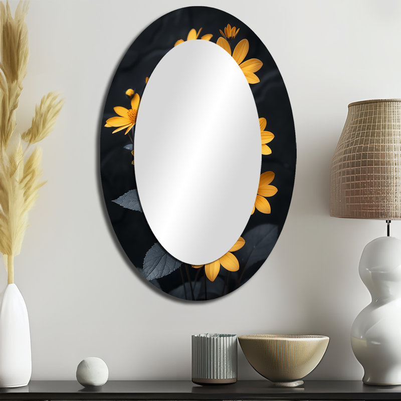 Parfum jaune marguerite noire parfumée I - Miroir décoratif floral ovale sur métal, 36 po x 24 po