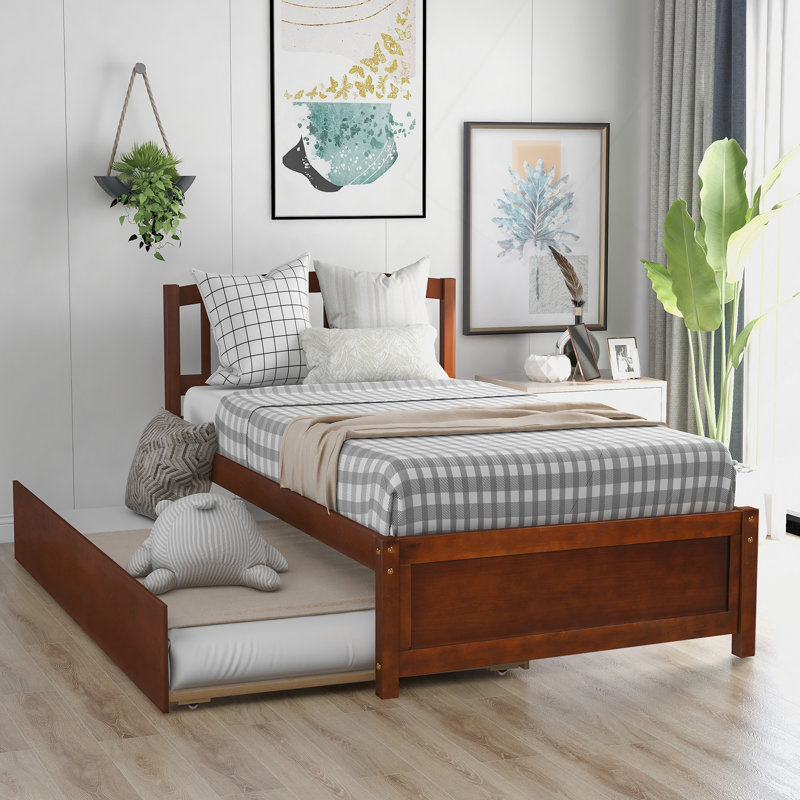 Structure de lit simple en bois avec lit gigogne et lit gigogne, Noyer