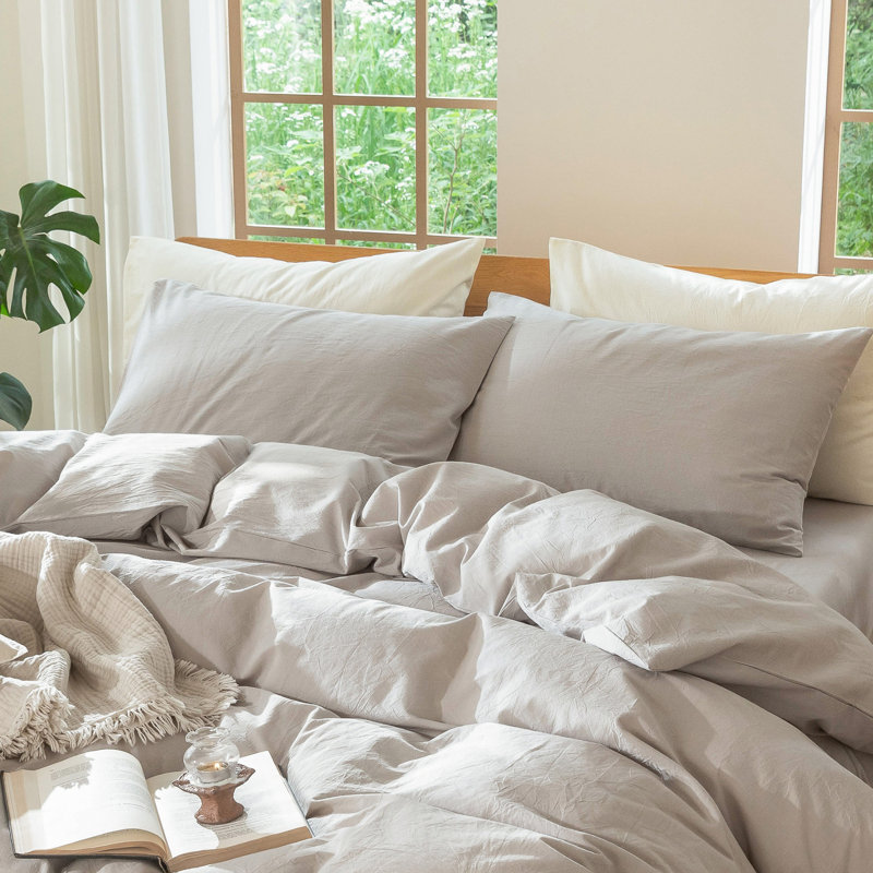 MooMee Pillowcases Envelope Closure 100% Washed Cotton Linen Like Textured Breathable Soft,  King (20" x 36"), Cream Gray