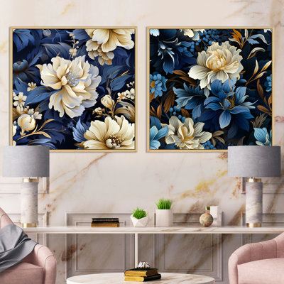 Fleur de marguerite bleu foncé et blanc I - ensemble de 2 collages floraux carrés