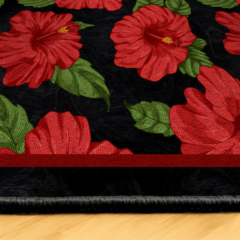 Minas Collection Digital Print Cotton-Polyester Green Red Black Floral Rug, Rectangle 3'4" x 5'