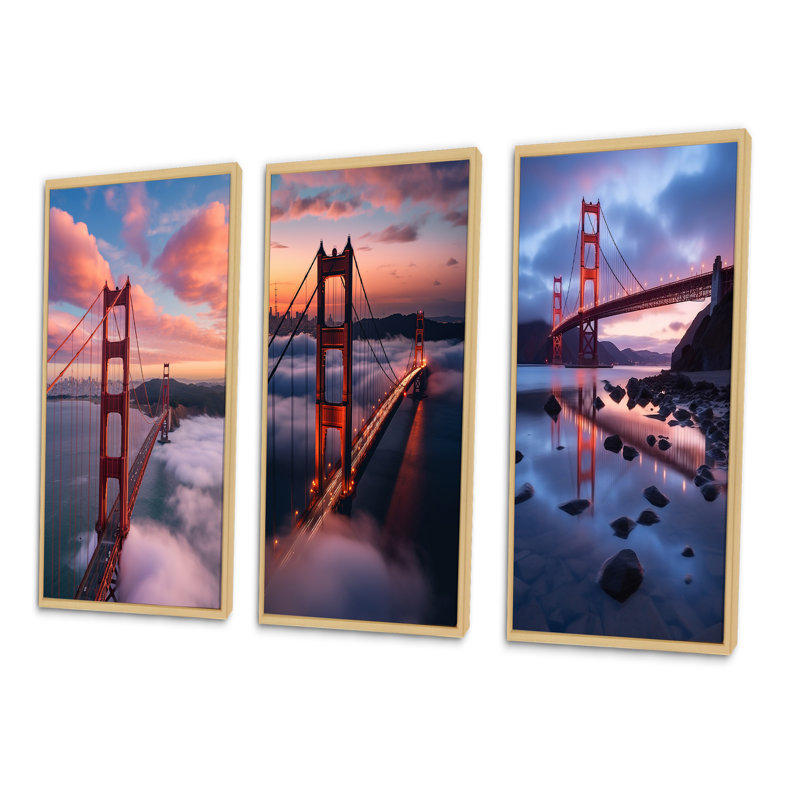 «San Francisco Golden Gate Dream», 3 pièces sur toile, Cadre naturel flottant, H 40 po x l 60 po