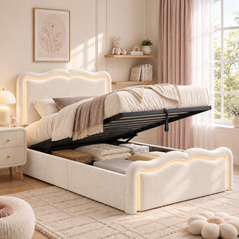 3FT Single Ottoman Bed Frame with Hydraulic Storage & LED Lights, Cream
