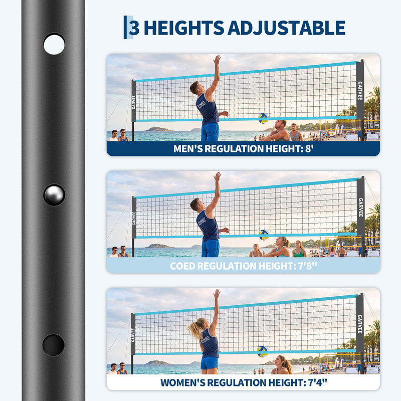 Ensemble de filet de volleyball portatif 32 pi avec hauteurs et poteaux réglables pour parc de plage