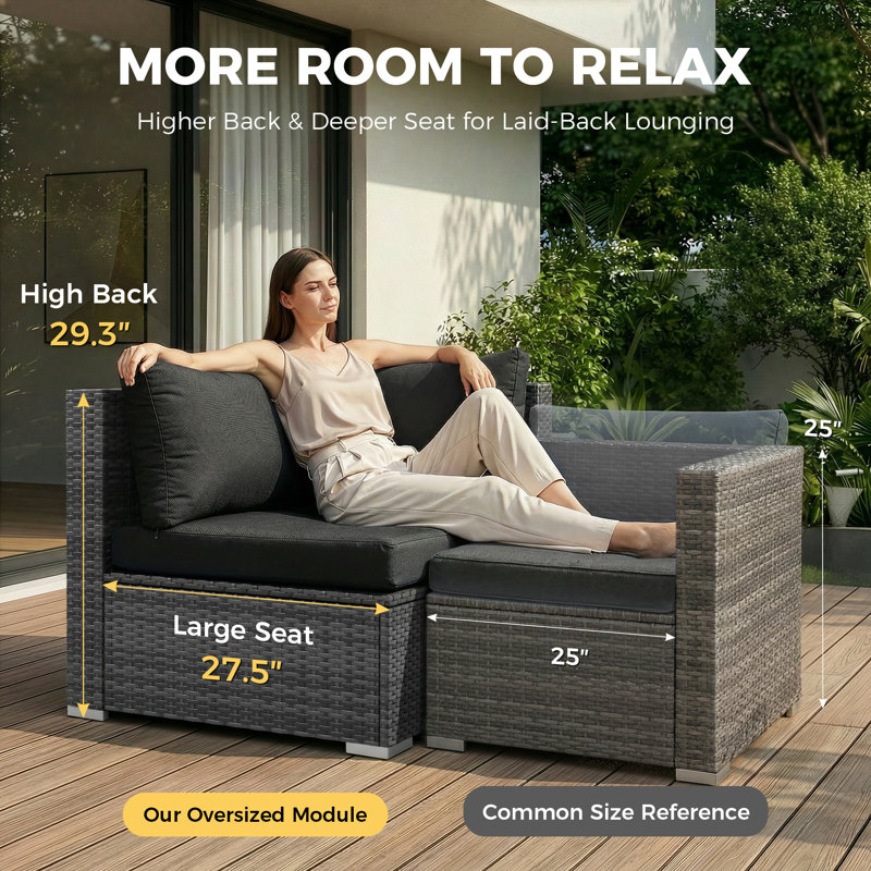 Ensemble de canapé modulaire en osier 7 pièces avec table de foyer et coussins de siège profond 7 pièces, Noir, Gris