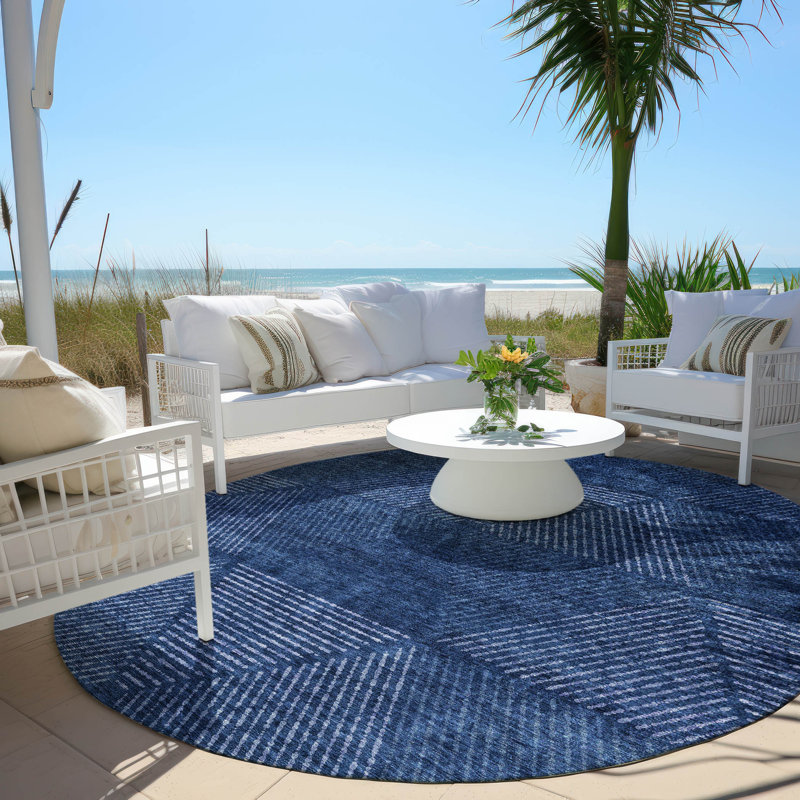 Tapis bleu marine intérieur / extérieur en polyester tissé à la machine Lummus, Rond 8 pi