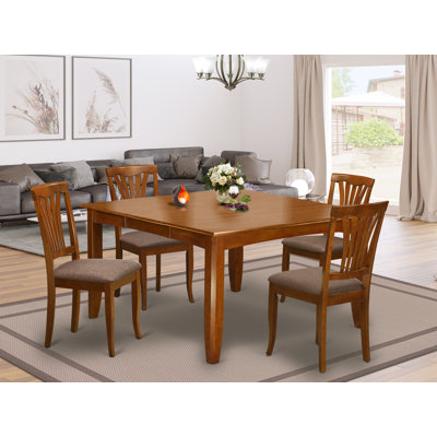 5 Piece Dining Table Set for 4 Includes a Square Kitchen Table with Butterfly Leaf and 4 Linen Fabric Kitchen Dining Chairs, Saddle Brown