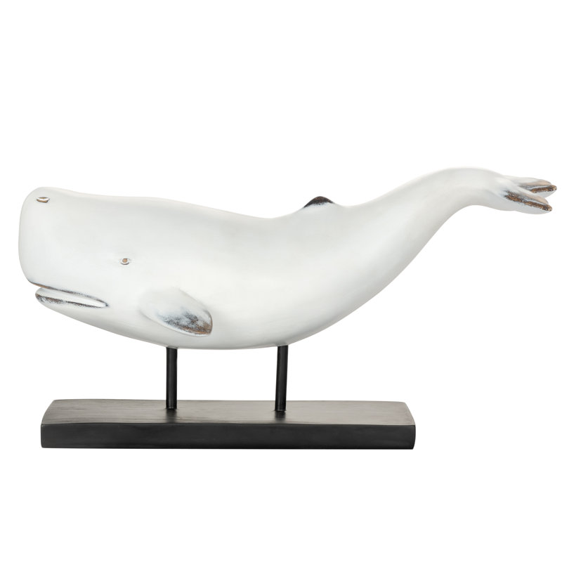 Nautical Whale Statue with Rustic Finish on Display Stand, White