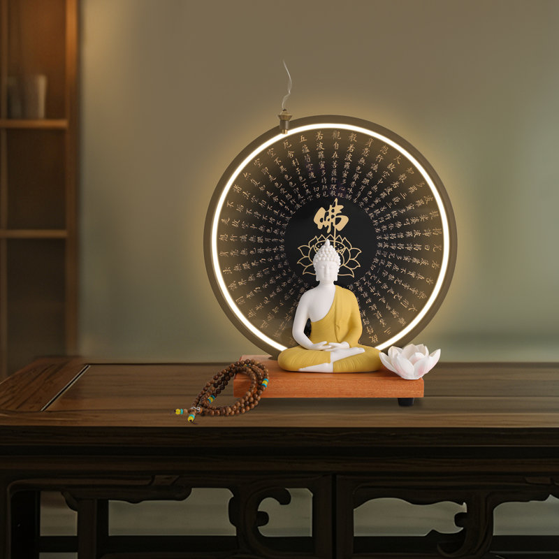 Statue de Bouddha en céramique avec lampe DEL circulaire pour la décoration intérieure, Jaune