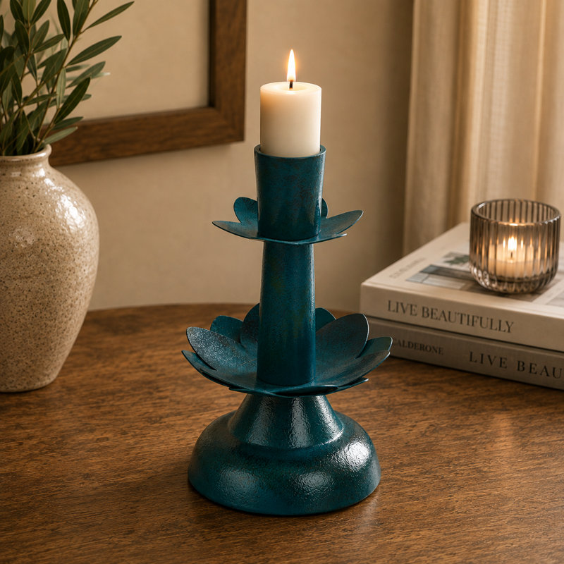 Metal Tabletop Candlestick, Green, 8" H x 5" W x 5" D