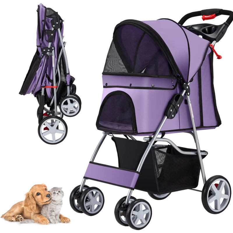 Poussette pour animaux de compagnie avec 4 roues pour chat pour chien de taille moyenne, poussette pliante pour chat avec panier de rangement et filet respirant, transporteur facile à transporter