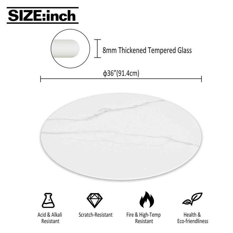 Recouvrement de table en verre trempé rond Marble Design et housse pour salle à manger, café et patio, L 36 po x P 36 po
