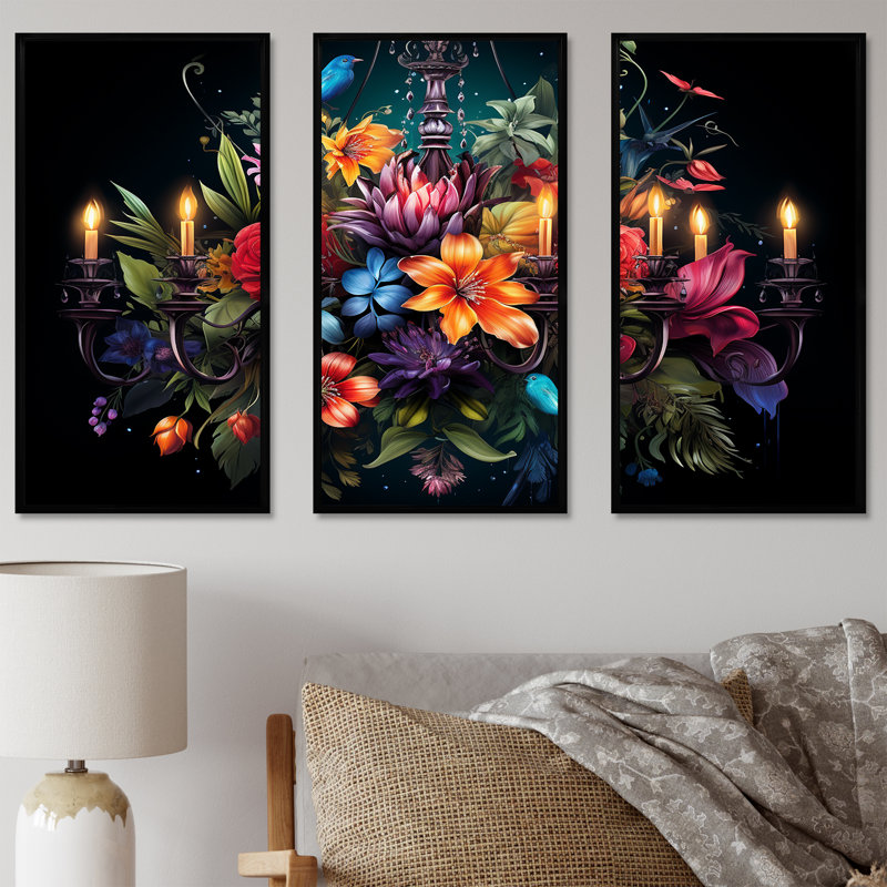 «Mixed Floral Bouquet Beauty», art mural fleurs, Cadre flottant noir, H 28 po x l 36 po x P 1 po