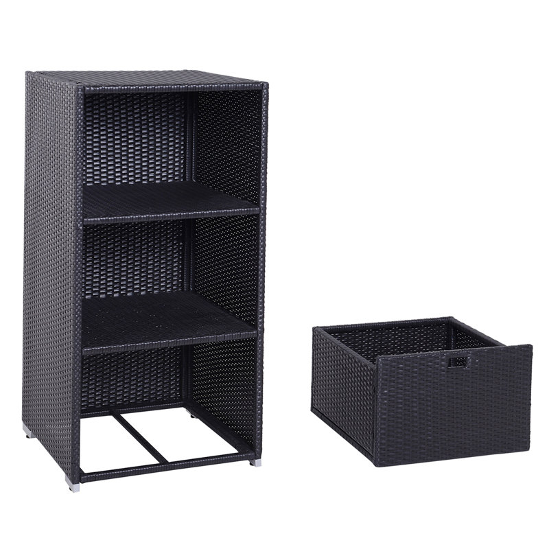 Valet Pool Towel Rack, Waterproof PE Plastic Rattan Wicker Storage Organizer, Indoor Outdoor Spa, And Hot Tub Accessory Storage, 2 Shelves, 1 Basket Drawer