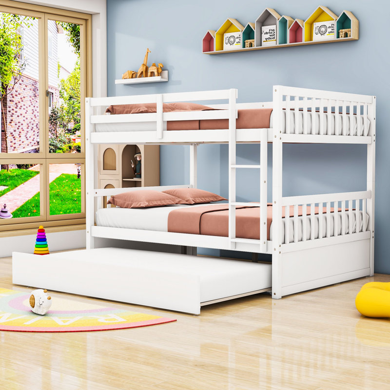 Katasia Rustic Full Over Full Wood Bunk Bed With Twin Trundle, White