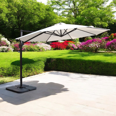 3.5m LED Cantilever Over Hanging Parasol - 56 LED strip lights This parasol is made using Polyester Fabric which has a Weather-Proof Coating & UPF Sun Protection Level 50