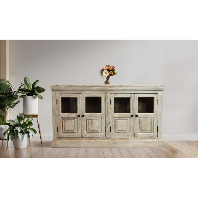 Buffet 4 portes en verre Cordarrel au fini sable naturel sur bois de manguier