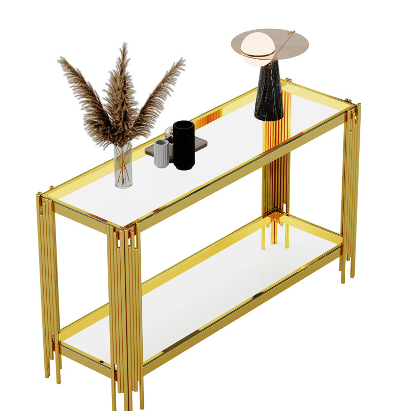 Console avec verre à double couche, cadre en acier inoxydable de couleur dorée, ajoute du caractère à la table à cadre fini miroir, plus d'espace de rangement trempé et facile à nettoyer