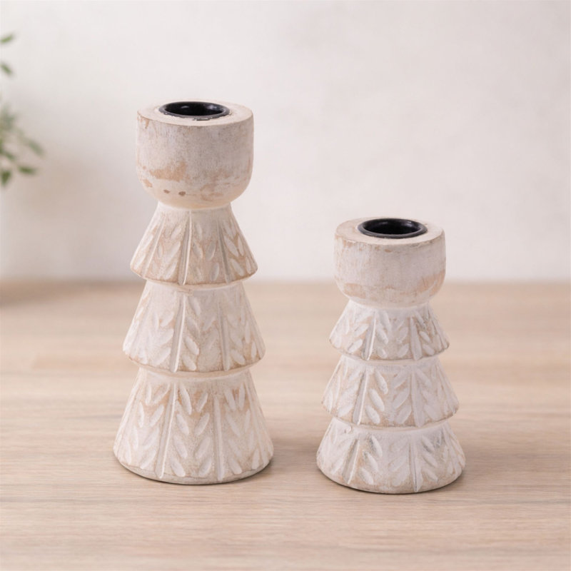 White Washed Wood Taper Candle Holder